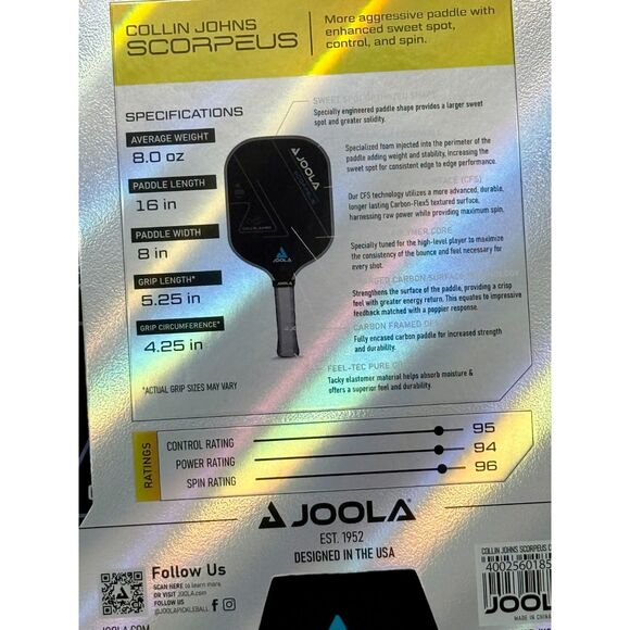 2-PACK NEW JOOLA Collin Johns Scorpeus CFS 16mm Pickleball Paddle Carbon Pro - Picture 3 of 12